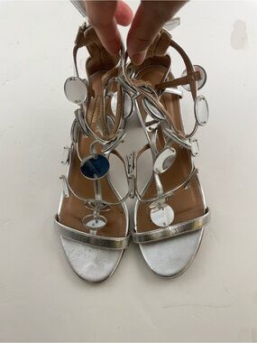 Aquazzura Silver Mirrored Disc Strappy Heels